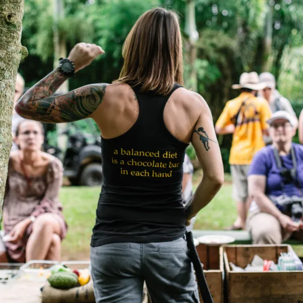 lydgate farms chocolate tour guide addressing visitors