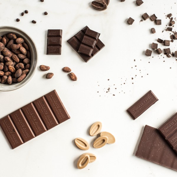 Lydgate Chocolate bars and cacao beans on a white background