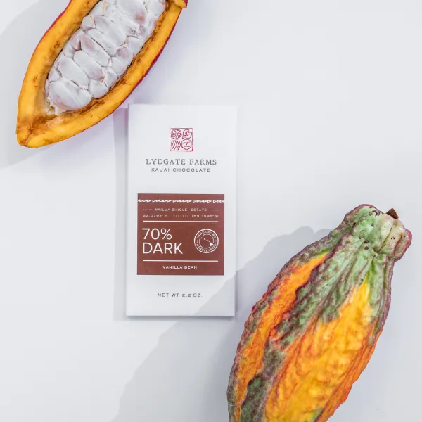 Two cacao pods framing a 70% dark Lydgate Chocolate bar on a white background..